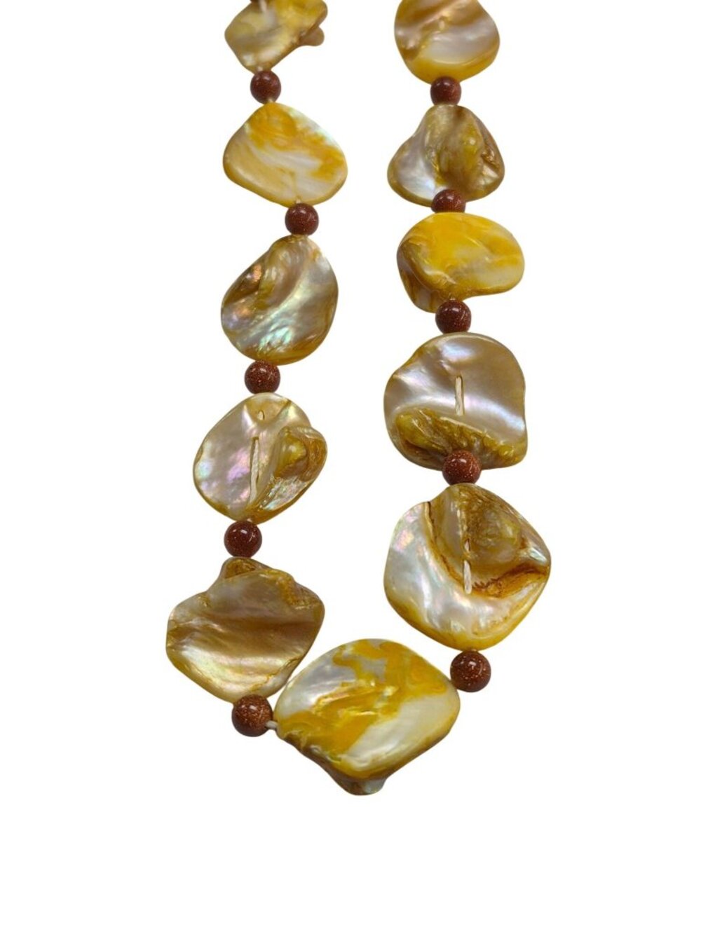 Yellow Mother of Pearl Necklace Goldstone Beads & Ornate Gold-Tone Clasp